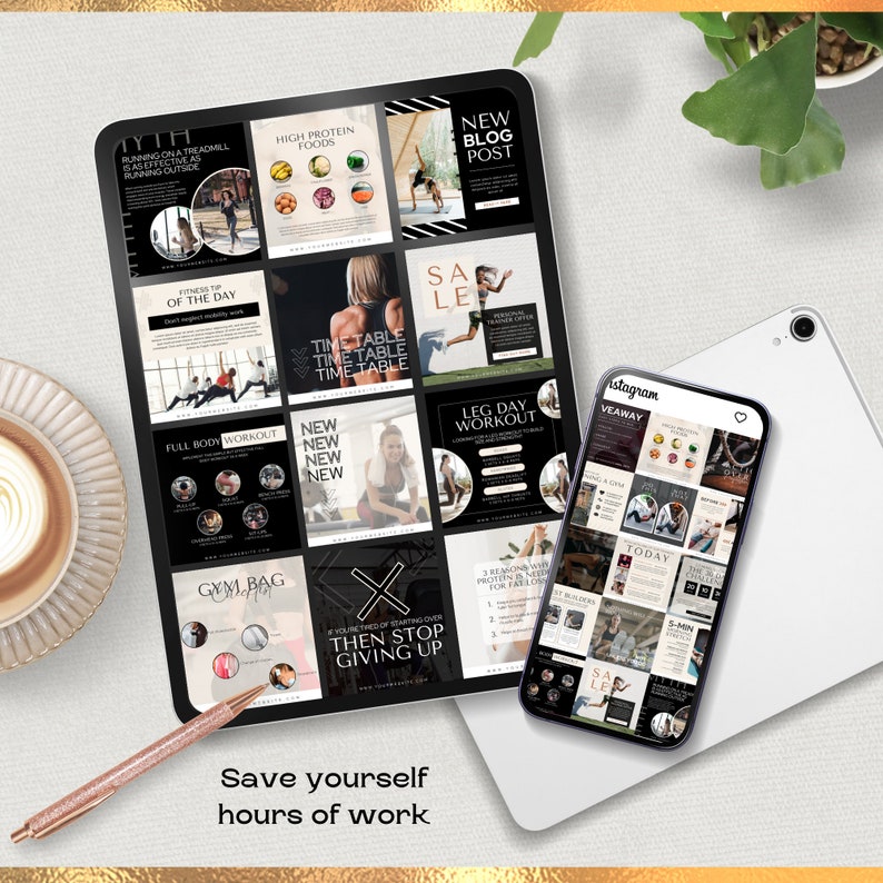 K&ouml;nnte beinhalten: Ein Tablet-Bildschirm zeigt ein Raster mit 12 Social-Media-Posts mit Fitness- und Trainings-Grafiken. Die Posts enthalten Text wie "High Protein Foods", "Leg Day Workout", "New Blog Post" und "Time Table". Das Tablet liegt auf einer wei&szlig;en Oberfl&auml;che mit einem goldenen Stift und einem Smartphone, das ein &auml;hnliches Raster von Social-Media-Posts anzeigt.