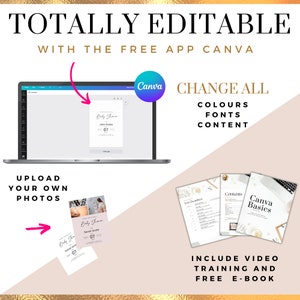 K&ouml;nnte beinhalten: Ein Laptop-Bildschirm zeigt eine Babyparty-Einladungsvorlage in Canva, mit dem Text "TOTALLY EDITABLE WITH THE FREE APP CANVA" &uuml;ber dem Laptop. Der Text "CHANGE ALL COLOURS FONTS CONTENT" befindet sich auf der rechten Seite des Bildes. Unter dem Laptop befindet sich ein rosa Pfeil, der auf ein Telefon mit einer Babyparty-Einladungsvorlage auf dem Bildschirm zeigt. Der Text "UPLOAD YOUR OWN PHOTOS" befindet sich &uuml;ber dem Telefon. Drei Seiten eines Leitfadens befinden sich auf der rechten Seite des Bildes, mit dem Text "Canva Basics" auf der ersten Seite. Der Text "INCLUDE VIDEO TRAINING AND FREE E-BOOK" befindet sich unter dem Leitfaden.