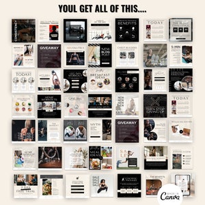 K&ouml;nnte beinhalten: Eine Collage aus 36 Schwarzwei&szlig;-Instagram-Post-Vorlagen zum Thema Fitness. Die Vorlagen enthalten Text wie "Konsistenz", "Der Deadlift", "Neuer Blogbeitrag", "Fr&uuml;hst&uuml;cks-Ideen", "Mythos", "Giveaway", "Mahlzeiten-Ideen", "Sale", "Coaching-Pakete", "Die Vorteile" und "Erstellt mit Canva".
