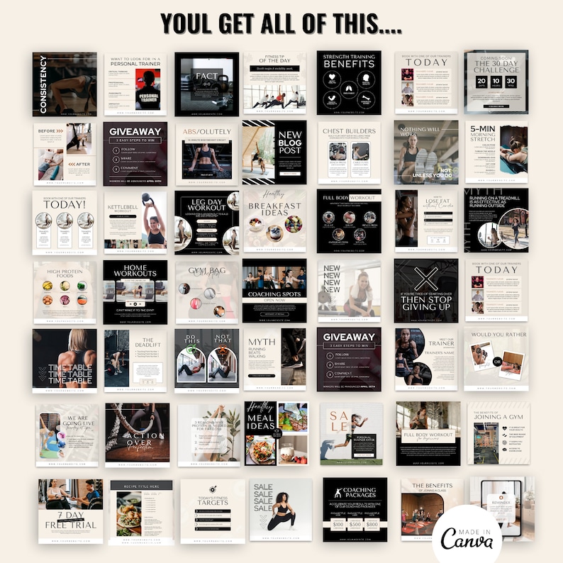 K&ouml;nnte beinhalten: Eine Collage aus 36 Schwarzwei&szlig;-Instagram-Post-Vorlagen zum Thema Fitness. Die Vorlagen enthalten Text wie "Konsistenz", "Der Deadlift", "Neuer Blogbeitrag", "Fr&uuml;hst&uuml;cks-Ideen", "Mythos", "Giveaway", "Mahlzeiten-Ideen", "Sale", "Coaching-Pakete", "Die Vorteile" und "Erstellt mit Canva".
