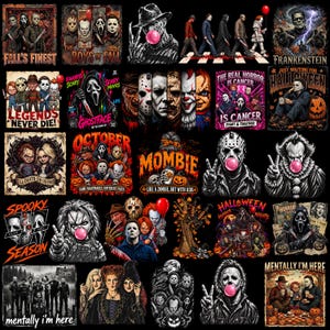 Halloween Horror PNG-bundel, Spooky Season PNG, Retro Halloween PNG, Horrorfilmpersonages PNG, Enge films PNG, Halloween T-shirtontwerp