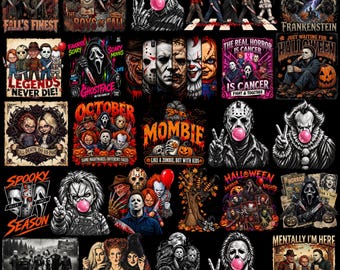 Pacote de PNGs de Terror para o Halloween, PNGs da Temporada Assustadora, PNGs de Halloween Retrô, PNGs de Personagens de Filmes de Terror, PNGs de Filmes Assustadores, Design de Camiseta de Halloween