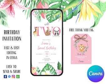 Invitación de cumpleaños para niña con dos animales salvajes: safari, zoológico y selva - Plantilla Canva editable y de descarga instantánea