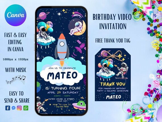 Space Birthday Invitation Video, Space Astronaut Invitation, Birthday Astronaut, Outer Space Birthday Video Invitation, Invitation Rocket