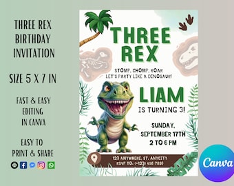 Three Rex Dinosaur Birthday Invitation, 3rd Birthday (Printable Template)