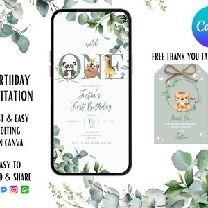 Invitación digital de Safari para primer cumpleaños / Salvaje / Fiesta de animales de la jungla / Invitación electrónica para teléfono inteligente / Digital / Descarga instantánea