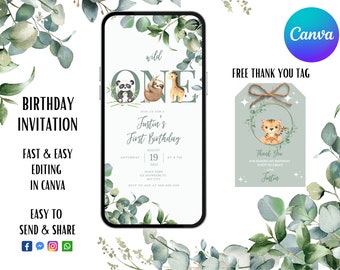 Safari eerste verjaardag Evite | Wild One digitale uitnodiging | Jungle Animals Party Smartphone Elektronische uitnodiging | Digitaal | Directe download