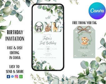 Safari eerste verjaardagsuitnodiging | Digitale uitnodiging Wild One | Elektronische uitnodiging jungledieren feest smartphone | Digitaal | Direct downloaden