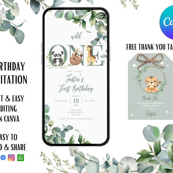 Safari First Birthday Evite | Wild One Digital Invitation | Jungle Animals Party Smartphone Electronic Invite | Digital | Instant Download