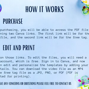 Puede incluir: Gr&aacute;fico azul claro con el texto "HOW IT WORKS" e instrucciones para comprar, editar e imprimir plantillas de Canva. La imagen incluye un icono de carrito de compras y un icono de impresora. Confeti y serpentinas de colores decoran los bordes.