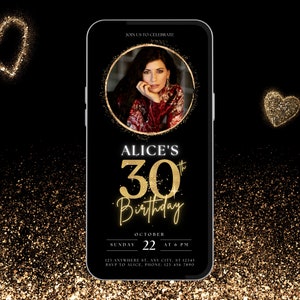 Editable 30th Birthday Invitation Template Black and Gold For Women | For Girls Birthday Party | Customizable with Photo | Animated Video