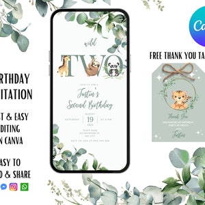 Invitación de cumpleaños de dos animales salvajes para niños Safari Zoo Jungle - Plantilla Canva editable y de descarga instantánea