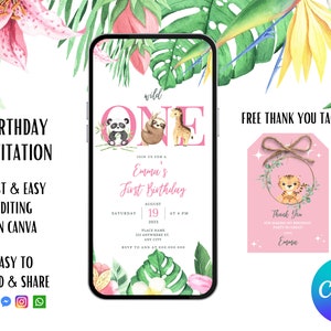 Invitación digital Evite para primer cumpleaños de Safari para niña / Salvaje / Animales de la jungla / Invitación electrónica para teléfono inteligente / Digital / Descarga instantánea