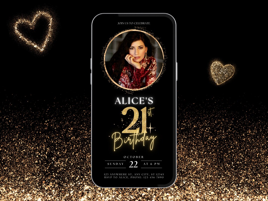 Editable 21st Birthday Invitation Template Black and Gold for Women ...