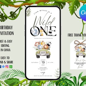 Invitación digital de Safari para primer cumpleaños / Salvaje / Fiesta de animales de la jungla / Invitación electrónica para teléfono inteligente / Digital / Descarga instantánea