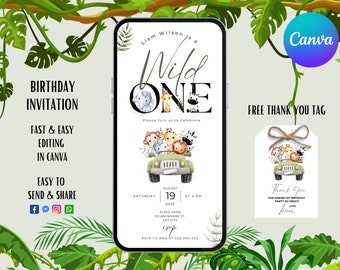 Safari First Birthday Evite | Wild One Digital Invitation | Jungle Animals Party Smartphone Electronic Invite | Digital | Instant Download