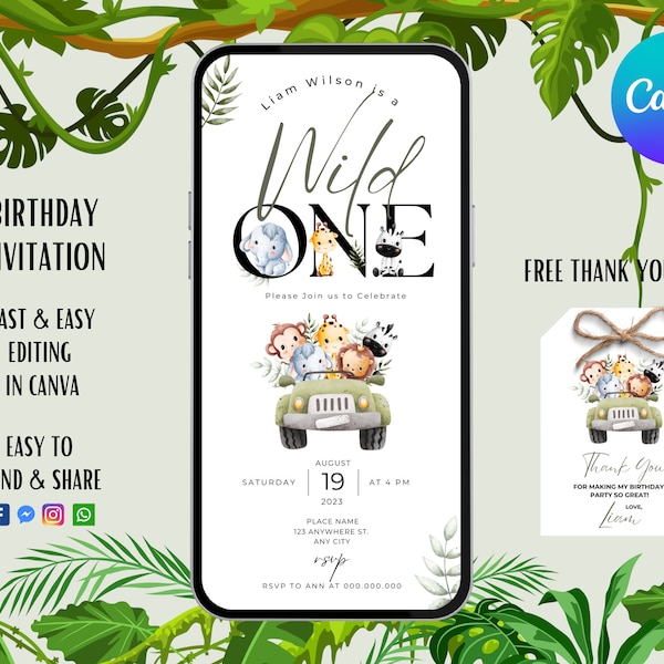 Safari First Birthday Evite | Wild One Digital Invitation | Jungle Animals Party Smartphone Electronic Invite | Digital | Instant Download