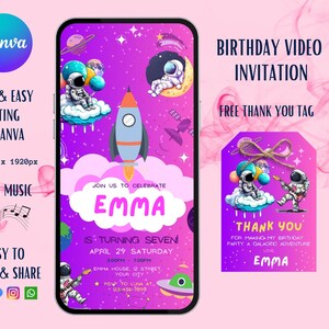 Invitación de video de cumpleaños de astronauta espacial, cohete rosa de Evite