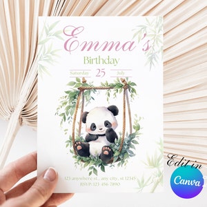Faire-part d'anniversaire modifiable, invitation de panda, fête d'anniversaire de bébé, modèle imprimable téléchargement numérique instantané, panda de bambou, vert, rose