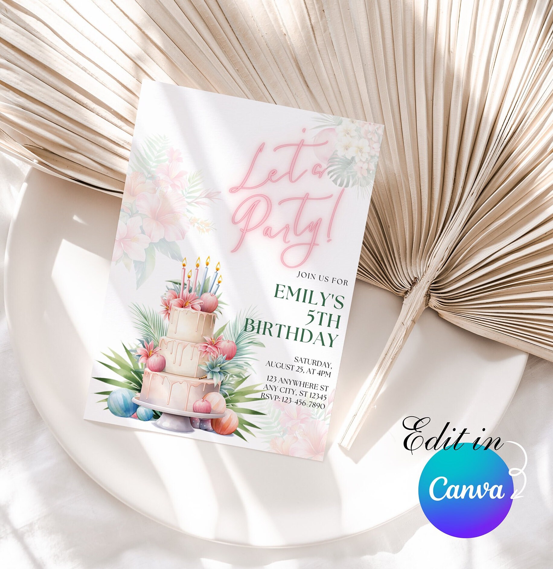 Editable Tropical Birthday Invitation, Party Invite, Birthday Party ...