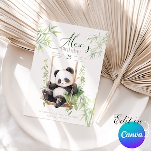 Convite de aniversário editável, convite de panda, festa de aniversário de bebê, modelo para impressão Download instantâneo digital, panda de bambu, festa verde