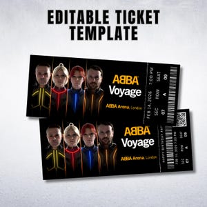 Könnte beinhalten: Zwei schwarze ABBA Voyage Konzertkarten. Die Tickets zeigen die Porträts der Bandmitglieder und den Text "ABBA Voyage" und "ABBA Arena, London". Die Tickets enthalten auch Datum, Uhrzeit, Reihe und Sitzplatzinformationen.