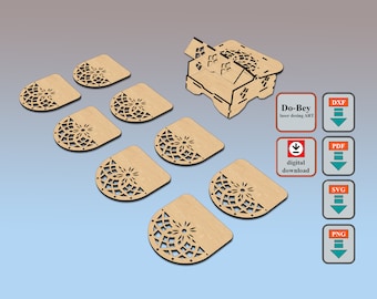 Custom Laser Cut 8 Coasters, Patterned Coasters, Decorative Box, Wooden Box, dxf Cut File, svg Cut File, png Cut File, pdf Cut File (3mm.)