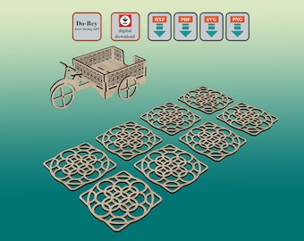 Beautifully Themed Wooden Laser Cut 8 Coaster, Decorative Box, dxf Cut File, svg Cut File, png Cut File, pdf Cut File (3 mm.MDF)