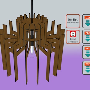 May include: A 3D model of a wooden pendant light fixture with a geometric design. The light fixture is brown and has a black cord. The image also includes text that says "Do-Bey laser design ART" and "digital download".