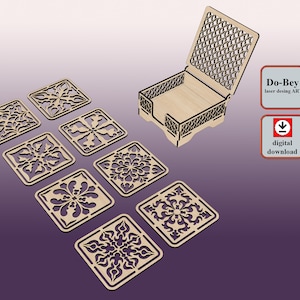 Wooden Laser Cut 8 Coasters, Square Coasters, Decorative Box, Wooden Box, dxf Cut File, svg Cut File, png Cut File, pdf Cut File (3 mm. MDF)