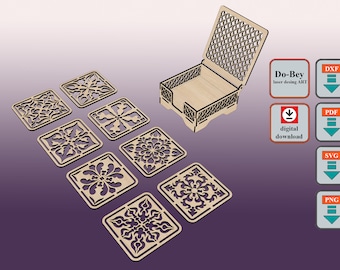 Wooden Laser Cut 8 Coasters, Square Coasters, Decorative Box, Wooden Box, dxf Cut File, svg Cut File, png Cut File, pdf Cut File (3 mm. MDF)