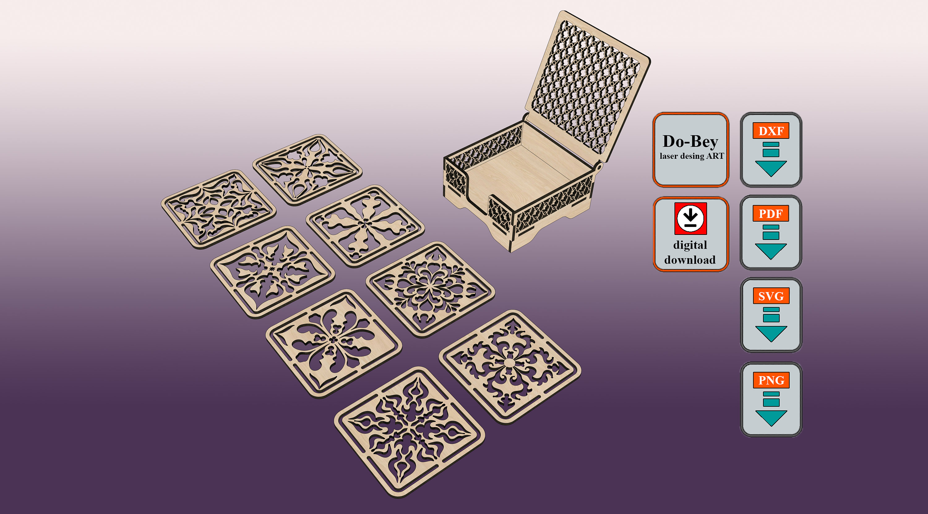 Wooden Laser Cut 8 Coasters, Square Coasters, Decorative Box, Wooden ...