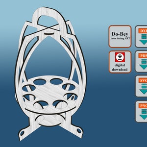 May include: A white wooden bottle holder with a handle and six holes for bottles. The holder is shaped like an egg and has a base with three legs. The image includes the text "Do-Bey laser design ART" and "digital download".