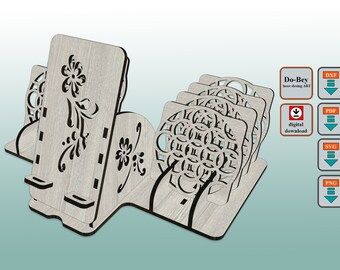 Phone Holder And Coaster Wooden Laser Cut 8 Coaster, Decorative Box, dxf Cut File, svg Cut File, png Cut File, pdf Cut File (4 mm.MDF)