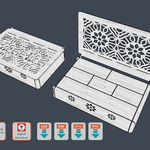 May include: A white wooden box with a decorative laser cut design on the lid. The box has a compartmentalized interior and is open to reveal the compartments. The box is labeled "Do-Bey laser cutting ART" and "digital download".
