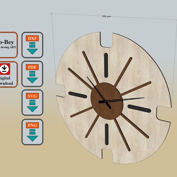 Wood Laser Cut, Decorative Wall Clock, Wall Decor. Svg, pdf, png, dxf, digital file format- 19,68" x 19,68" (width x height)