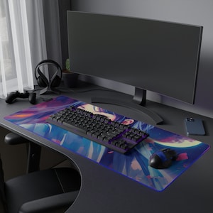 RGB BLUE Hair Anime GIRL Gaming Mousepad, High quality printing Led Light Gaming Desk Pad, Vaporwave Synthwave Led Light Anime Mouse Pad, Xl