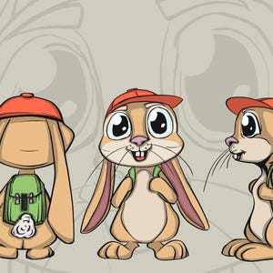 Peut inclure: Illustration de trois lapins de dessin animé portant des casquettes rouges et des sacs à dos verts. Les lapins ont de grands yeux et de longues oreilles. Un lapin est de face, un de profil et un de dos.