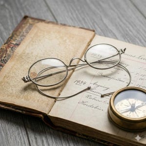 Könnte beinhalten: Eine antike runde Brille mit silbernem Rahmen liegt auf einem geöffneten, vergilbten Buch. Ein kleiner Messingkompass liegt daneben. Die Seiten des Buches zeigen handschriftlichen Text und das Jahr 1934. Die Szene hat eine Vintage- und Gelehrten-Ästhetik.