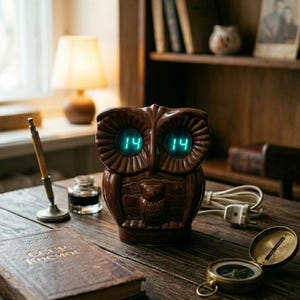 Pode incluir: Um relógio digital castanho em forma de coruja com números azuis brilhantes, numa secretária de madeira. O relógio está junto a um livro antigo, um tinteiro, uma caneta e uma bússola. O relógio marca 14:14.