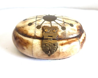 Vintage Moroccan Bone Casket, Brass Trinket Box