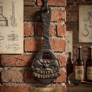 May include: A vintage cast iron bottle opener, featuring a detailed face design and the words "Heinrichshütte". It's mounted on a brick wall, with a brass plaque below that reads "Foundry Art, Cir. 1940s-1950s."
