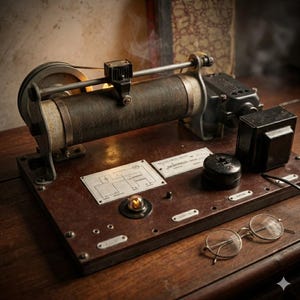 May include: An antique electrical device with a dark brown wooden base, metal components, and a cylindrical coil. The device includes a small light bulb, a black transformer, and a pair of round eyeglasses. The background features a blurred book and a wooden surface.