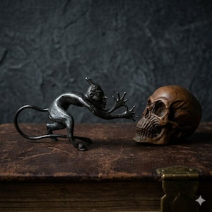 May include: A dark metal sculpture of a devil-like figure reaching towards a brown skull. The sculpture has a tail and is positioned on a textured, dark brown surface. The skull is detailed with visible bone structure.