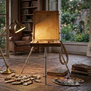 May include: An artist's studio scene featuring a wooden easel, a brass lamp, and a palette with paint tubes. A stack of books and a pair of glasses sit nearby. The room has a warm, inviting atmosphere with natural light.