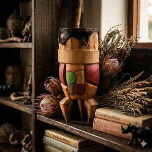 May include: A handcrafted wooden decorative object with a cylindrical shape, featuring a dark fur top and a base with three legs. The body is adorned with geometric patterns in red, green, and brown. The object is displayed on a wooden shelf with books and dried flowers.