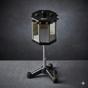May include: An antique, octagonal-shaped scientific instrument with a black top and base, clear glass sides, and a silver metal stand. The instrument has a small, black knob on top and is mounted on a three-legged base.