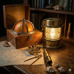 Op de afbeelding: Een nautisch stilleven in vintage-stijl met een wereldbol in een houten kist, een messing lantaarn, een sextant, een telescoop en een sterrenkaart. Schelpen en antieke boeken maken de scène compleet en roepen een gevoel van ontdekking op.