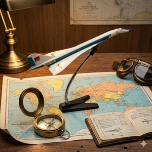 Pode incluir: Um modelo de avião branco e azul em um suporte preto é exibido em um mapa-múndi. Uma bússola vintage, óculos de aviador e uma luminária de mesa também são visíveis. O modelo de avião tem o texto "CCCP-68001" na lateral.