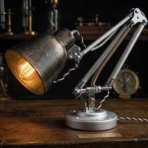 May include: An industrial-style desk lamp with a distressed metal shade and adjustable arm. The lamp features a silver base and a visible lightbulb, creating a warm glow. The lamp is on a wooden desk.